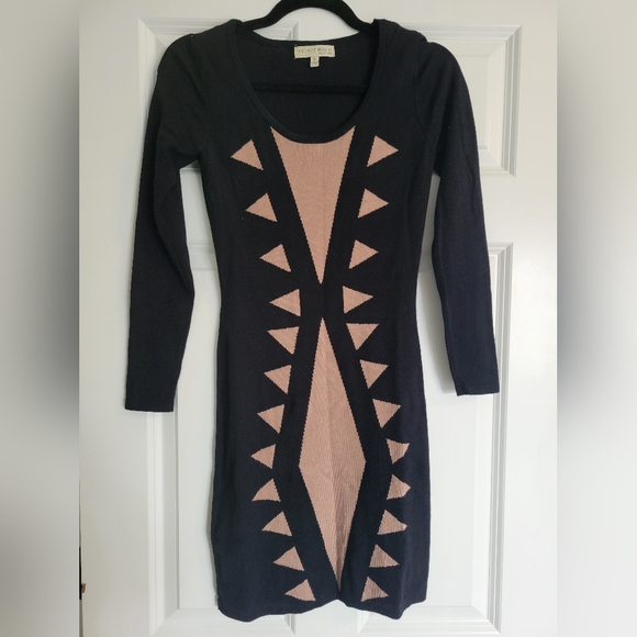 Black and Tan Geometric Sweater Dress - Picture 1 of 4